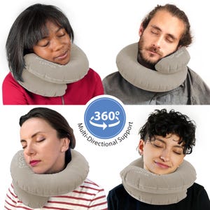 May include: A beige travel neck pillow is worn by four people in this image. The pillow is around the neck of each person. The pillow has the word "cushion" printed on it. A blue circle with the words "360&deg; Multi-Directional Support" is in the center of the image.
