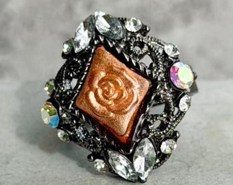 Vintage japansk Cloisonné Rose Ring | Rhinestone Statement Cocktailring (justerbar)