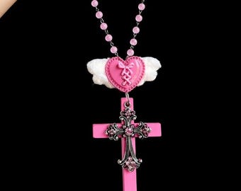 Rosa korshängehalsband, Y2K gotiska hjärtvingar rosenkransstil kawaii punksmycken
