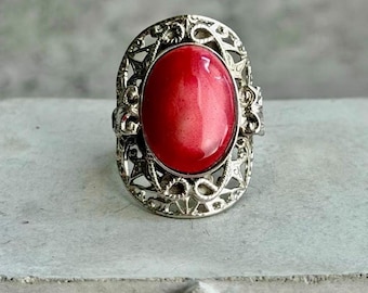 Vintage japansk Shippo emaljring, röd cloisonné-utseende, justerbar öppen armband, Showa Retro