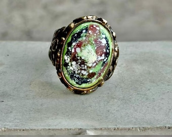 Vintage japansk Shippo-emaljring, abstrakt grön cloisonné-ring med justerbart armband