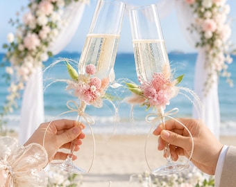 Copas de champán hechas a mano con flores preservadas, regalo personalizado con monograma, regalo para damas de honor, cristalería para la fiesta nupcial, copas para brindar en bodas.
