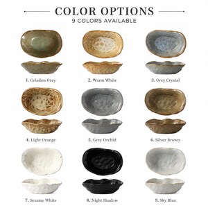 May include: A grid of nine small oval ceramic bowls with wavy edges, labeled 1 through 9. Colors include Celadon Grey, Warm White, Grey Crystal, Light Orange, Grey Orchid, Silver Brown, Sesame White, Night Shadow, and Sky Blue, shown from above and side views.