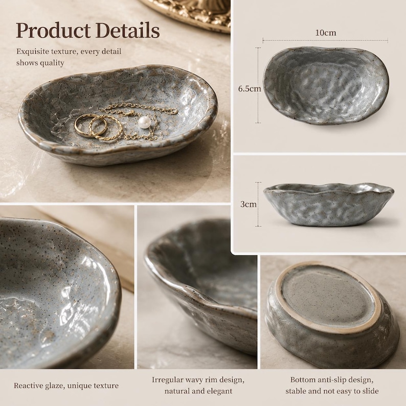 May include: An oval ceramic trinket dish with a grey reactive glaze and an irregular wavy rim. The dish measures 10 cm by 6.5 cm with a 3 cm height. It features a textured surface, a smooth interior, and an anti-slip base design.
