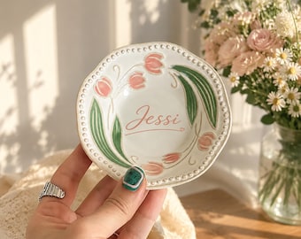 Personalized Ceramic Jewelry Dish – Custom Name Ring Holder Tray, Pink Tulip & Purple Lily Design, Trinket Dish, Bridesmaid Gift