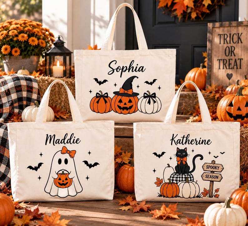 Personalized Halloween Tote Bag, Custom Name Trick or Treat Bag for ...