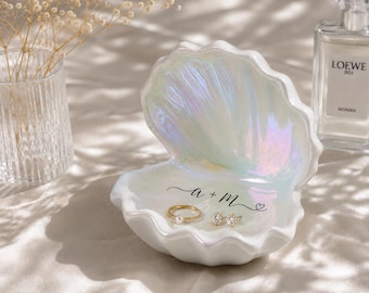Caja de joyería de cerámica nacarada con forma de concha, plato para baratijas con diseño de sirena costera, soporte para anillos