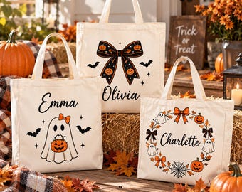 Sac fourre-tout d'Halloween personnalisé, sac à bonbons avec nom pour enfants, sac à friandises d'Halloween, sac citrouille fantôme, cadeau d'Halloween