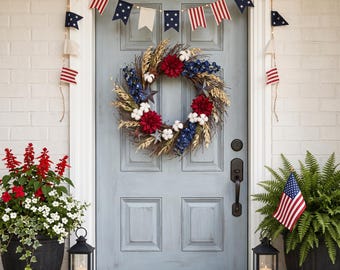 Custom 4th of July Door Sign, Personalized Independence Day Wreath, Custom Family Name Porch Decor, Rustic Americana Farmhouse Garland