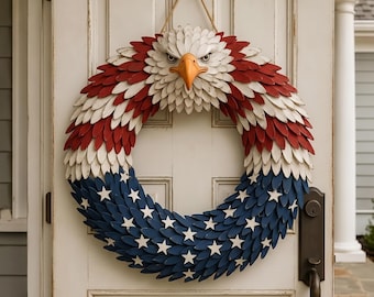 Custom Patriotic Eagle Door Sign, 4th of July Wreath Decor, Independence Day American Flag Front Door Hanger, Red White Blue Home Gift