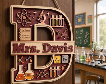 Custom Name Chemistry Teacher Door Sign, Personalized Mrs Davis Monogram Letter D Classroom Decor, Science Lab Wood Plaque Educator Gift