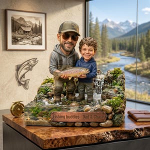 May include: A detailed figurine of a father and son holding a fish, with a waterfall and river scene. The base has a plaque that reads "Fishing buddies - Dad & Chase". A framed landscape painting and a metal fish outline are on the wall.