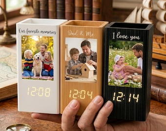 Personalized Dad Pen Holder with Clock, Custom Photo Desk Organizer, Father's Day Gift for Dad, Husband Office Gift, Wooden Holder