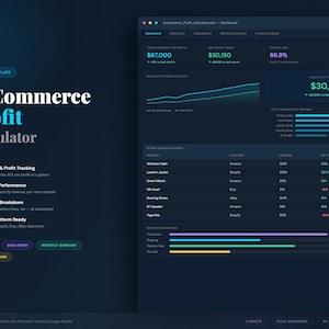 Puede incluir: Un panel digital azul oscuro para una calculadora de beneficios de comercio electrónico. La interfaz muestra datos financieros, incluidos ingresos, beneficio neto y rendimiento del producto. El texto "E-Commerce Profit Calculator" se muestra de forma destacada, junto con opciones para la entrada de datos y resúmenes mensuales.