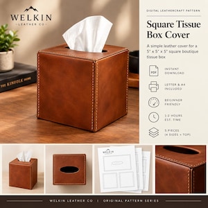 Op de afbeelding: Een vierkante tissueboxhoes van bruin leer met zichtbare stiksels langs de randen. De tekst op de afbeelding luidt: Digital Leathercraft Pattern, Square Tissue Box Cover, A simple leather cover for a 12,7 cm x 12,7 cm x 12,7 cm square boutique tissue box.