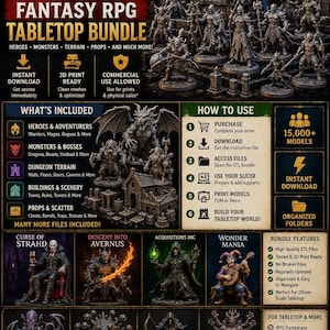 Może przedstawiać: Obraz promocyjny dla Fantasy RPG Tabletop Bundle z ponad 300 000 plikami STL. Zawiera bohaterów, potwory, teren i rekwizyty. Zawiera modele 3D smoków, wojowników i budynków. Zawiera tekst "Natychmiastowe pobieranie" i "Dozwolone użytkowanie komercyjne."