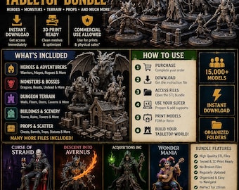 Może przedstawiać: Cyfrowy pakiet ponad 300 000 plików STL do gier fabularnych fantasy. Zawiera bohaterów, potwory, teren, budynki i rekwizyty. Tekst zawiera informacje o natychmiastowym pobieraniu, gotowości do druku 3D, użytku komercyjnym oraz instrukcje drukowania modeli do światów tabletop, dioram i gier wojennych.