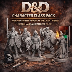 May include: A promotional image for a D&D Character Class Pack. The image features five detailed gray figurines representing Paladin, Fighter, Rogue, Barbarian, and Wizard characters. The text "D&D CHARACTER CLASS PACK" is displayed above the figurines.