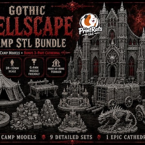Può includere: Un pacchetto di download digitale intitolato Gothic Hellscape Camp STL Bundle con 70 modelli da campo e una cattedrale in 3 parti. Il set include dettagliati pezzi di terreno in miniatura grigi come tende, carri, una creatura scheletrica e una cattedrale.