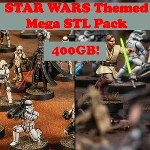 May include: A selection of Star Wars themed figurines, featuring characters such as Darth Vader and Stormtroopers. The image includes the text "STAR WARS Themed Mega STL Pack" and "400GB!" The figurines are on circular bases and are painted in various colours.