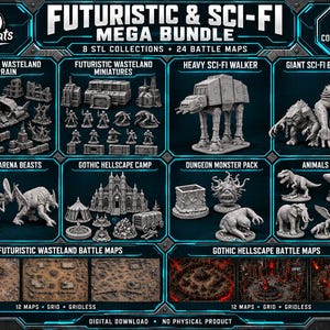 以下が含まれることがあります： PrintRats LLCによる「Futuristic & Sci-Fi Mega Bundle」というタイトルのデジタルバンドル。8つのSTLコレクションと24のバトルマップを含む10のコレクションで構成されています。画像には、様々な灰色のミニチュアフィギュア、地形パーツ、バトルマップのプレビューが表示されています。