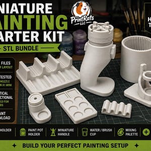 May include: A miniature painting starter kit STL bundle featuring six hobby tools in light gray. Includes a brush holder, paint pot holder, miniature handle, water cup, mixing palette, and extra accessory. Text includes Miniature Painting Starter Kit, PrintRats LLC, 6 Hobby Tools, and 6 STL Files.
