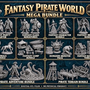 Puede incluir: Una colección digital Fantasy Pirate World Mega Bundle con 10 sets STL de figuras en miniatura y terreno de color gris. Incluye personajes de fantasía, animales, equipo de campamento, monstruos, estructuras, barcos piratas y terreno costero.