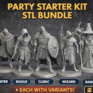 May include: A collection of five 3D-printed fantasy character miniatures, including a fighter, rogue, cleric, wizard, and ranger. The figures are gray and stand on circular bases. Text at the top reads "PARTY STARTER KIT STL BUNDLE".