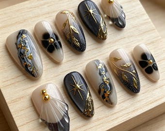 Luxury Almond Press On Nails, Champagne Black Marble, Gold Foil Star Floral