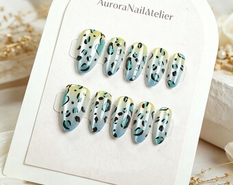 Almond Cat Eye Leopard Nails, Gradient Blue Yellow Glitter, Y2K Safari Press Ons
