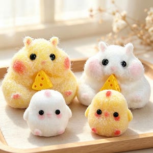 May include: Two fuzzy needle-felted hamsters, one yellow and one white, each holding a small yellow triangular piece of cheese. In front of them are two smaller fuzzy figures, one white and one yellow, resembling round chicks with pink cheeks.
