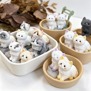 May include: A collection of small, sculpted cat figurines in various colors and patterns, including white, gray, and cream, displayed in white and tan containers. Each cat features a small, circular detail on its head and sits on a soft base.