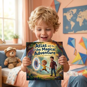 May include: A hardcover children's book titled Atlas and the Magical Adventure, Explore New Worlds with Dad. The cover features a colorful illustration of a child jumping into a glowing portal next to an adult, set within a forest landscape.