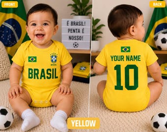 Brazil Baby Soccer Bodysuit, Personalized Name Number Baby Jersey, Flag Brasil Baby Outfit, World Cup 2026 Baby Onesie