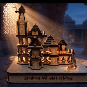 May include: A detailed wooden model of a temple with multiple structures, intricate cut-out designs, and a flag on top. The base features text in a foreign language. The model is illuminated with warm light, creating a serene atmosphere.