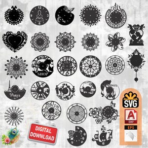 May include: A collection of black laser-cut clock designs featuring various silhouettes including floral patterns, geometric shapes, animals, cityscapes, and thematic icons. The image includes a red digital download sign and file format labels.