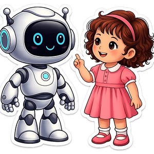 Robot & Child Sticker • Cute AI Friendship Sticker • Technology Meets Humanity • Digital Download • Tiny Doodles Collection