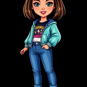May include: Illustration of a cartoon character wearing a blue hoodie, jeans, and sneakers. The character has brown hair and is smiling. The shirt says "CHANGE" and "ANGE". The sneakers have red, blue, and yellow accents.