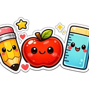 May include: A sticker sheet featuring cartoon illustrations of school supplies. Includes a yellow pencil with a pink eraser, a red apple, and a blue eraser with a ruler design. The illustrations have smiling faces and are surrounded by stars and hearts.