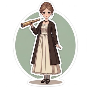 May include: A sticker illustration of a person in a long brown coat and cream-colored dress, holding a brass telescope. The character has brown hair and is set against a light green circle background.