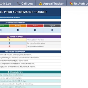May include: A digital dashboard showing an "INSURANCE PRIOR AUTHORIZATION TRACKER." The interface includes sections for authorization summaries, things to watch, and how to use the tracker. The color scheme uses blue, green, and red.