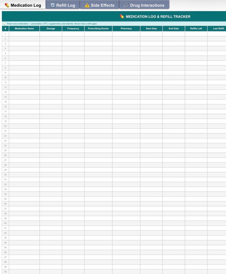File Header Medication Medication Tracker Spreadsheet: Log Refills, Side Effects, Interactions ...