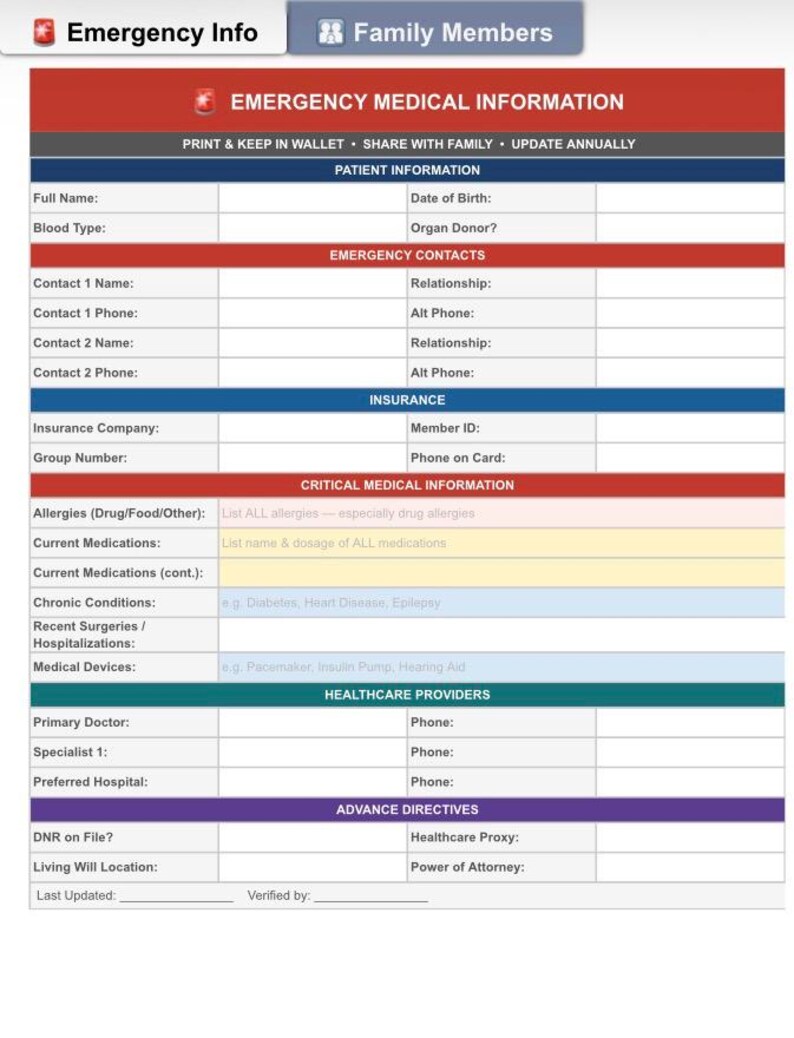 Emergency Medical Information Sheet - Etsy
