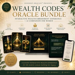 May include: An advertisement for the "Wealth Codes Oracle Bundle." The image features a digital oracle deck, laptop, tablet, and smartphone. Text includes "Interactive Wealth Embodiment Experience" and "AI Companion for Women."