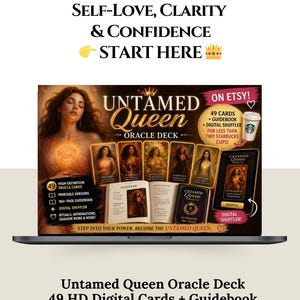 Peut inclure: Un ordinateur portable affiche le "Jeu d'Oracle Untamed Queen" avec 49 cartes numériques HD, un guide et un mélangeur numérique. L'image présente une femme et le texte "Guidance quotidienne pour l'amour de soi, la clarté et la confiance."
