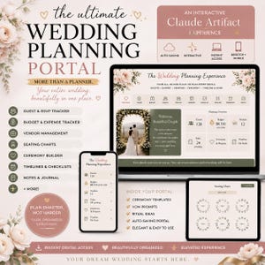 May include: A digital wedding planning portal displayed on a laptop, tablet, and smartphone. The interface includes guest tracking, budget management, and ceremony builder features. The text reads "The Wedding Planning Experience."