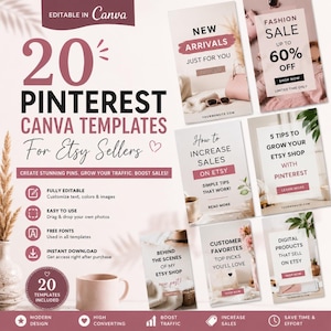 Può includere: Immagine promozionale per i venditori Etsy con 20 modelli Pinterest Canva. Il design include varie grafiche di marketing con testo come "Nuovi arrivi", "Saldi moda" e "Prodotti digitali". La combinazione di colori è principalmente rosa e bianco.