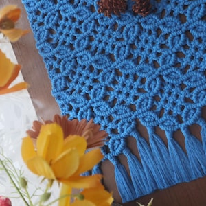 Pode incluir: Um caminho de mesa de macramé azul brilhante com um padrão de nós intrincado e uma borda com franjas. O caminho é decorado com duas pequenas pinhas castanhas colocadas perto da borda superior, criando uma peça têxtil texturizada.