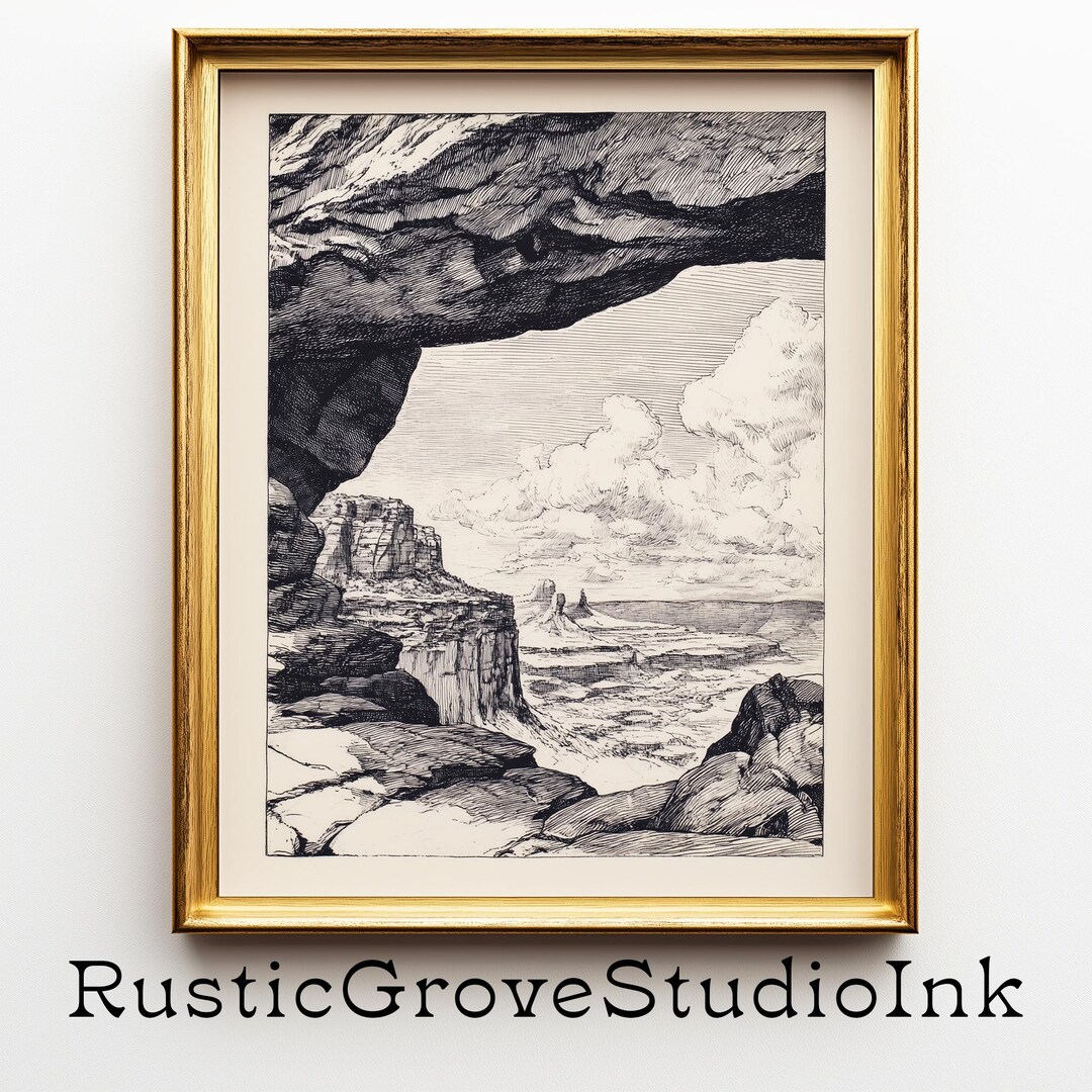 Utah Ridge Drawing Desert Landscape Printable Art - Moody Southwestern Canyon Scene ...