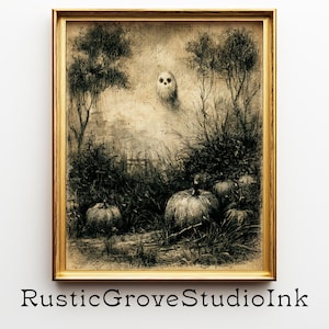 Pode incluir: Uma impressão emoldurada em tons sépia com uma figura fantasmagórica flutuando sobre um campo com abóboras e capim alto. A obra de arte tem um estilo vintage, esboçado, com uma moldura dourada. O texto "RusticGroveStudioInk" está na parte inferior.